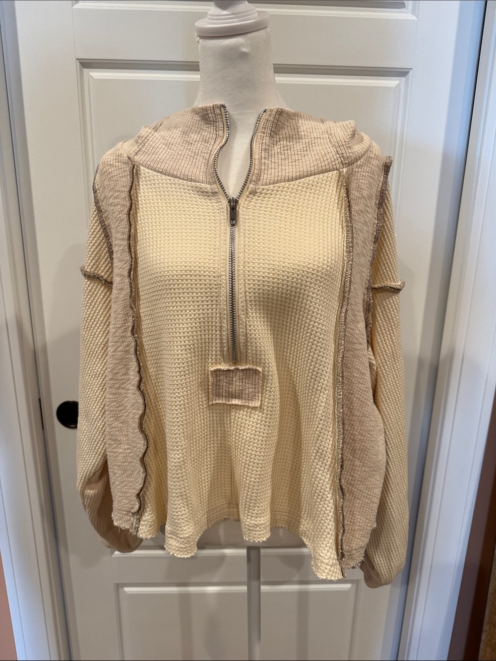 POL Cream Waffle Knit Half-Zip Hooded Pullover